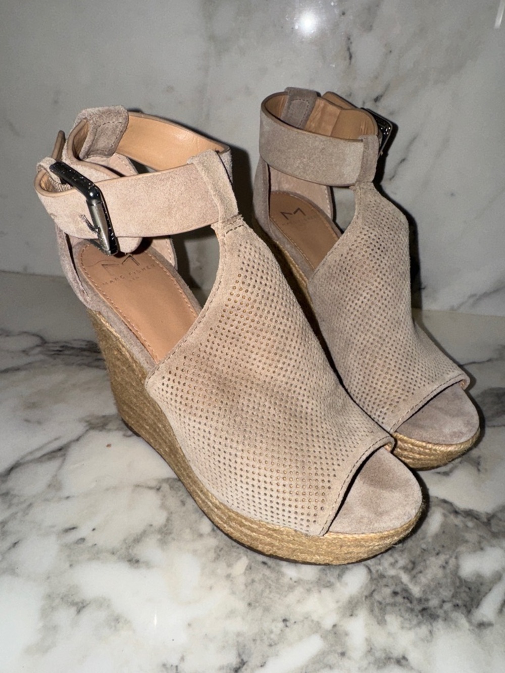 Mark Fisher Taupe Suede Espadrille Wedge Sandals- new-never worn.